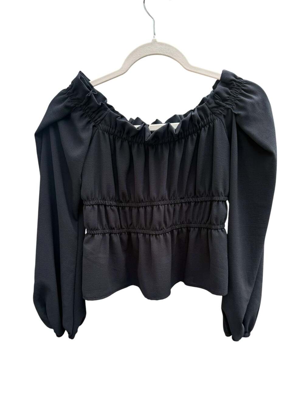 Black Off-Shoulder Peplum Blouse with Smocked Waist and Balloon Sleeves